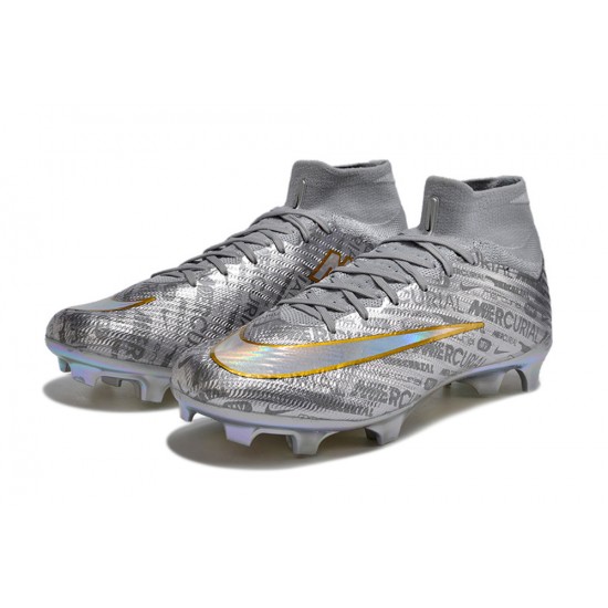 Nike Air Zoom Mercurial Superfly IX Elite FG High-top Sliver Gold Women And Men Soccer Cleats 