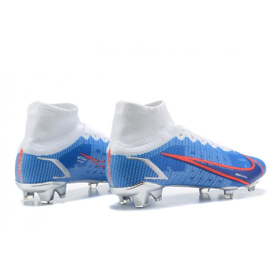 Nike Mercurial Superfly 8 Elite FG High-top White Blue Sliver Men Soccer Cleats 