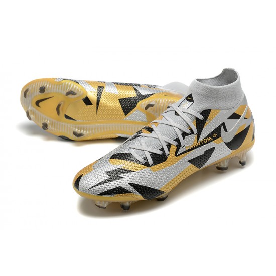 Nike Phantom GT Elite Dynamic Fit FG High-top Sliver Gold Men Soccer Cleats 