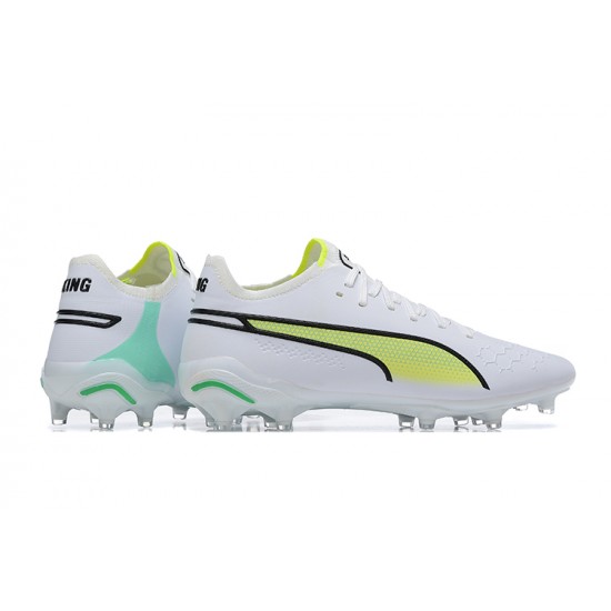 Puma King Ultimate Icon MG Low-Top White Green Yellow For Men Soccer Cleats 