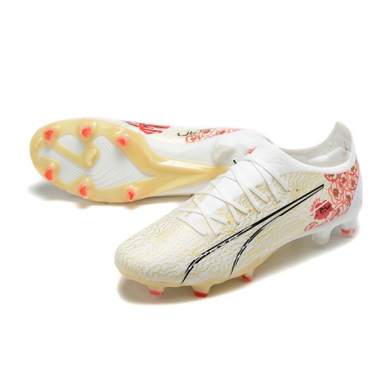 Puma Ultra Ultimate FG Low-Top White Beige Red For Men Soccer Cleats 