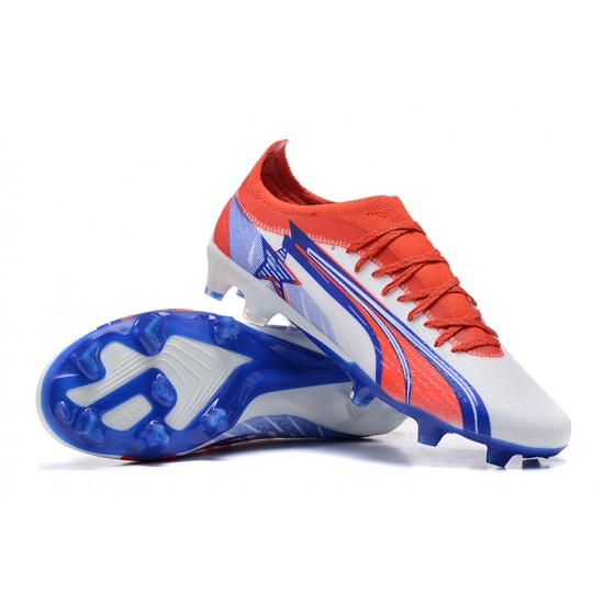 Puma Ultra Ultimate FG Low-Top White Blue Red For Men Soccer Cleats 