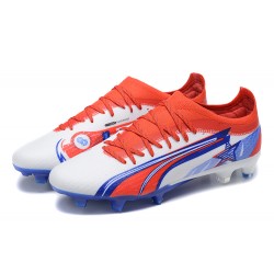 Puma Ultra Ultimate FG Low-Top White Blue Red For Men Soccer Cleats 